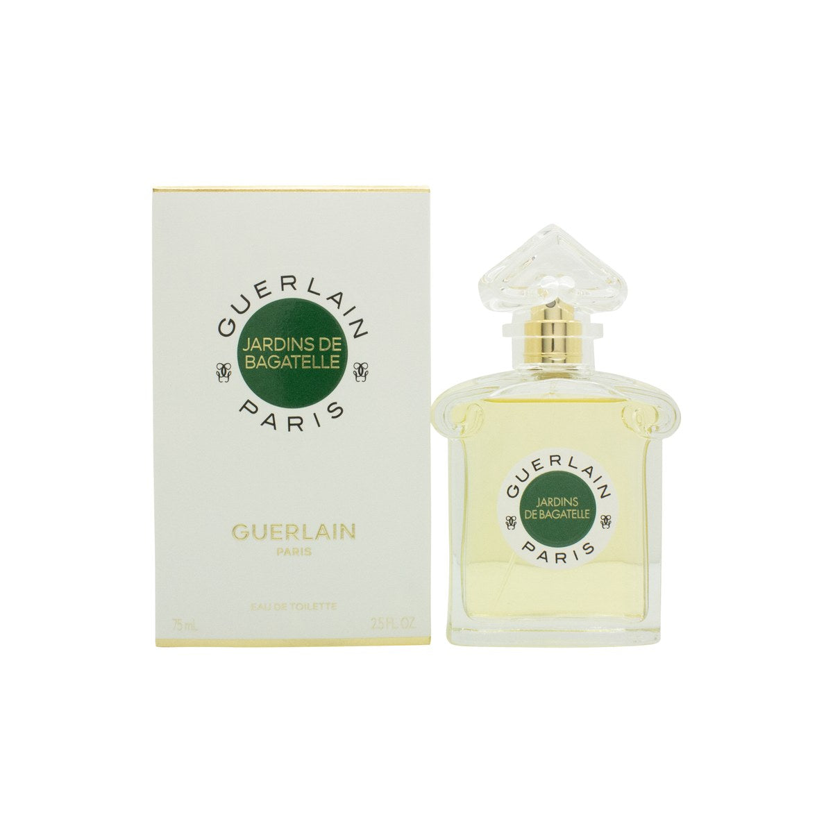 Guerlain Jardins de Bagatelle Eau de Toilette 75 ml – klar, rund glasflakon med gyldent låg og lys gylden duft.