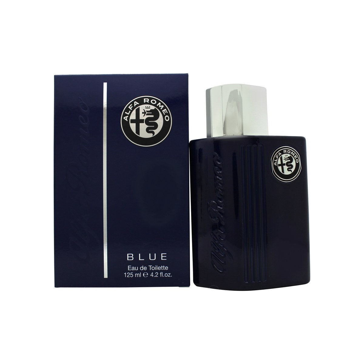 Alfa Romeo Blue Eau de Toilette, Alfa Romeo, 125 ml – mørkeblå, firkantet glasflakon med sølvfarvet låg og logo.