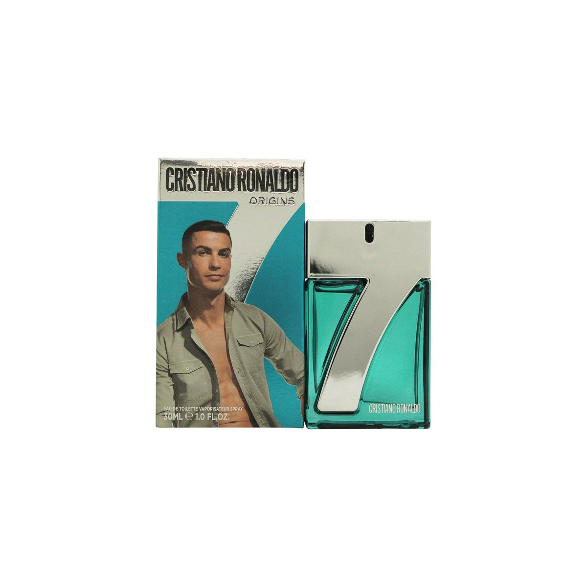 Cristiano Ronaldo CR7 Origins Eau de Toilette 30ml i klar blåtonet glasflakon med sølvfarvet metallåg og rent, maskulint design