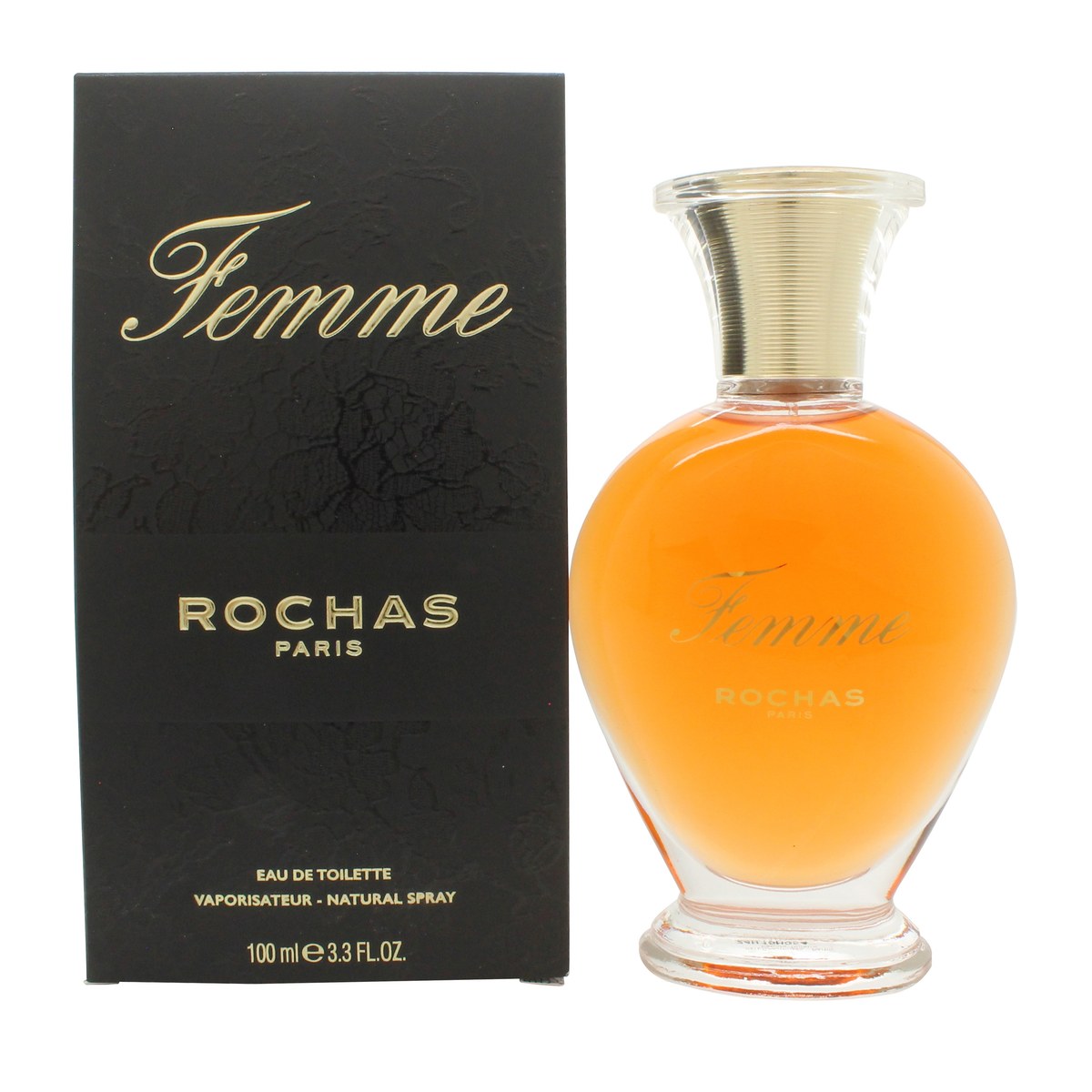 Rochas Femme Eau De Toilette, Rochas, 100 ml – ikonisk flakon i klart glas med bløde kurver, ravfarvet væske og sort prop