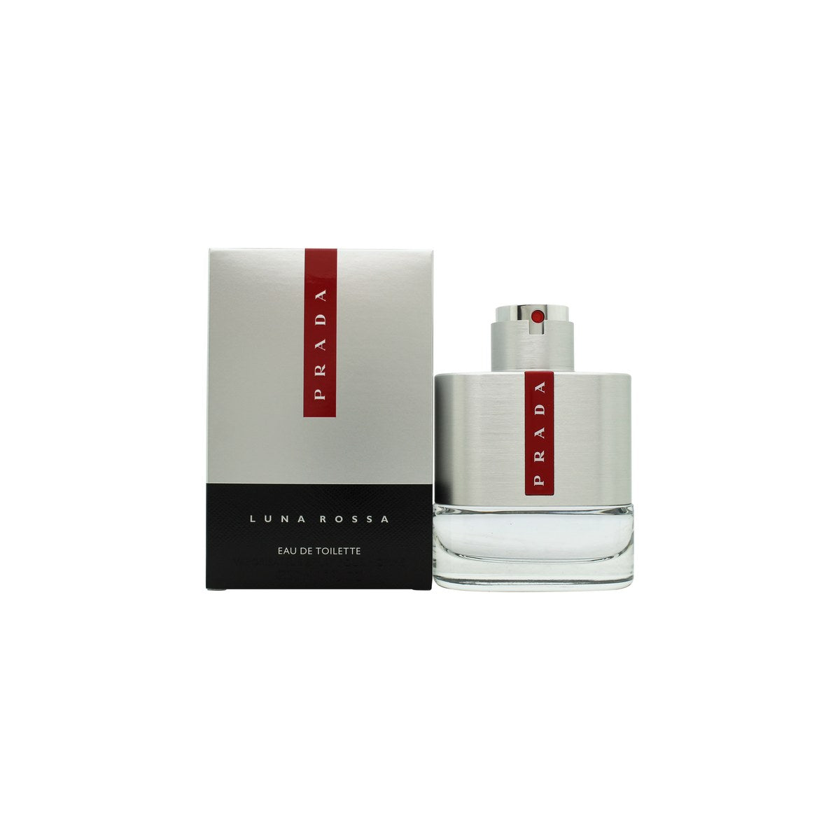 Prada Luna Rossa Eau de Toilette 50 ml fra Prada – mat sølvfarvet flakon med rød stribe og sort spraytop.