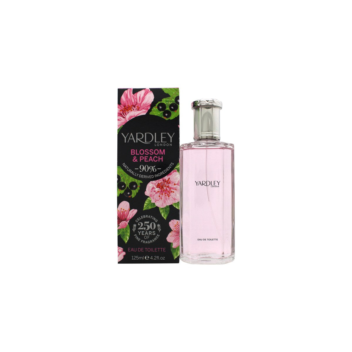 Yardley Blossom & Peach Eau De Toilette 125 ml fra Yardley i klar glasflaske med ferskenfarvet duft og sølvlåg, enkelt etiketdesign
