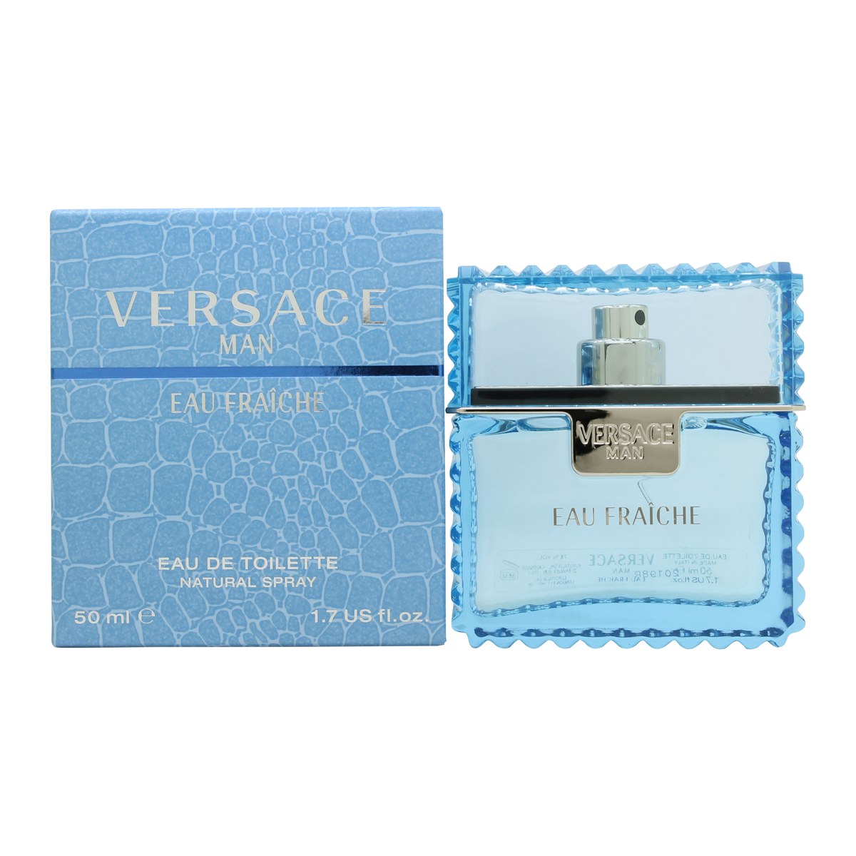 Versace Man Eau Fraiche Eau de Toilette 50 ml – lyseblå rektangulær glasflakon med sølvmedusa og klar, frisk design