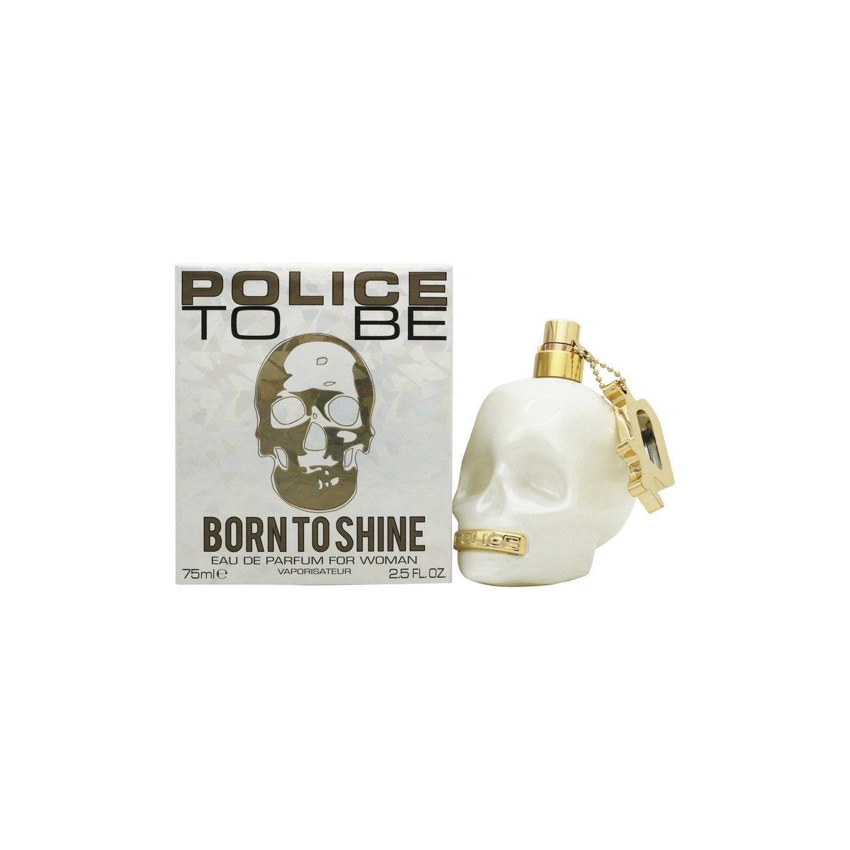 Police To Be Born To Shine For Woman Eau De Parfum, Police, 75 ml, perlehvid kranieflakon med gyldne detaljer
