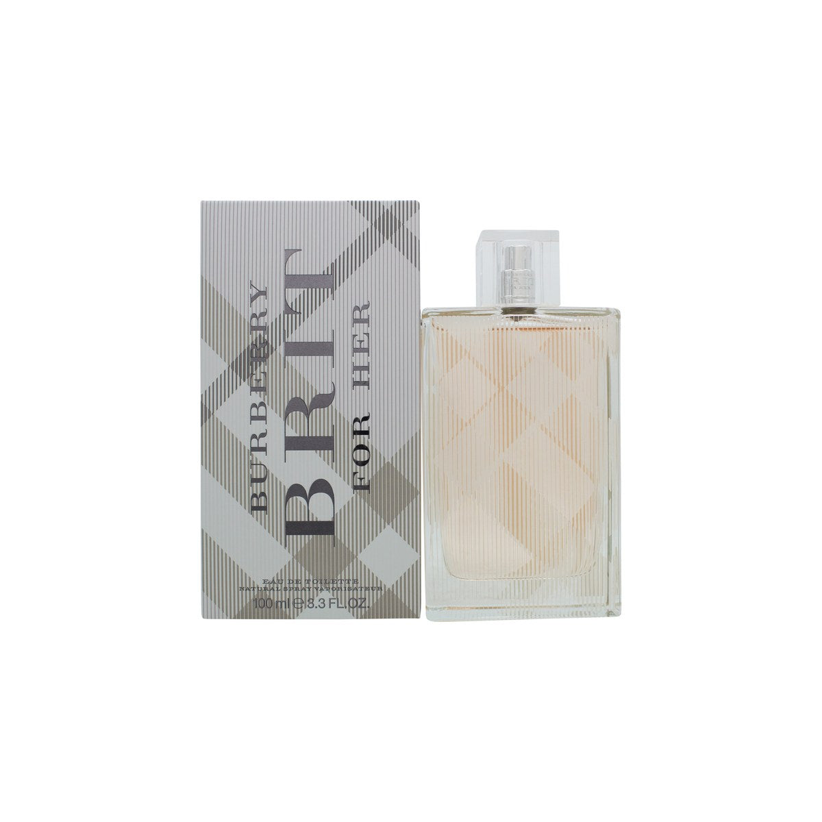 Burberry Brit Woman Eau de Toilette 100ml, Burberry 100 ml flakon i rillet klart glas med ternet mønster og sølvhætte.