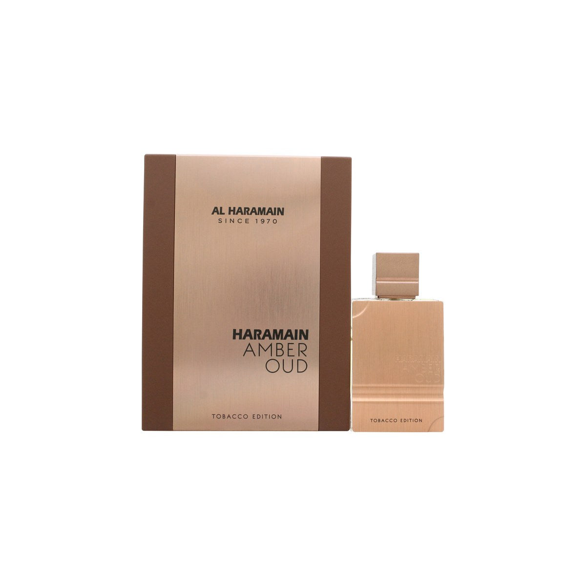 Amber Oud Tobacco Edition Eau De Parfum, Al Haramain, 60 ml – ravfarvet glasflaske med guldfarvet låg og etiket, afdæmpet