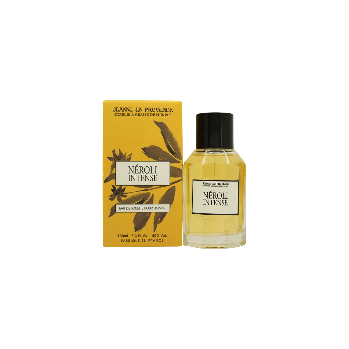 Jeanne en Provence Néroli Intense Eau de Toilette, Jeanne en Provence 100 ml, klar glasflaske med gylden væske og sort låg