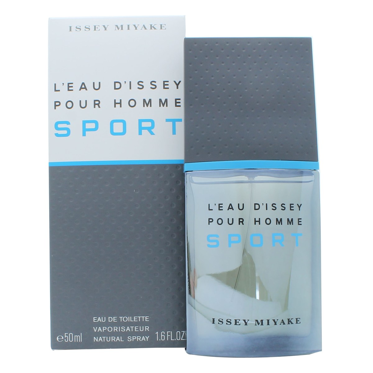 L'Eau D'Issey Pour Homme Sport Eau De Toilette, Issey Miyake, 50 ml metallisk grå flaske med blå detaljer, slankt design