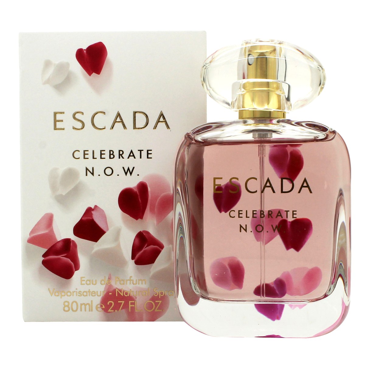 Celebrate N.O.W. Eau De Parfum Escada 80 ml, pink facetteret glasflaske med rund form og guldfarvet firkantet låg