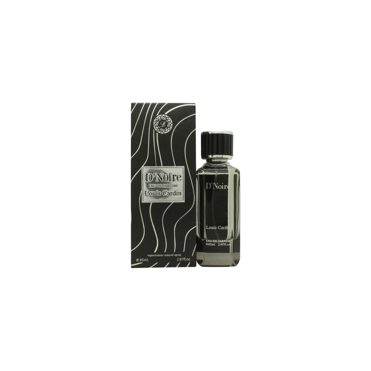 Louis Cardin D'Noire Eau de Parfum, Louis Cardin, 85 ml – sort rektangulær glasflaske med gulddetaljer og mørk kork