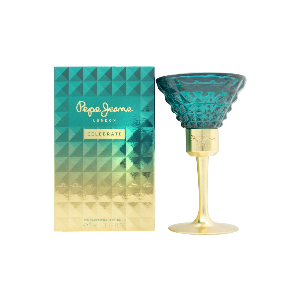 Pepe Jeans Celebrate for Her Eau de Parfum 50 ml, Pepe Jeans – lyserød cocktailglasformet flaske med guldfarvet stilk og låg