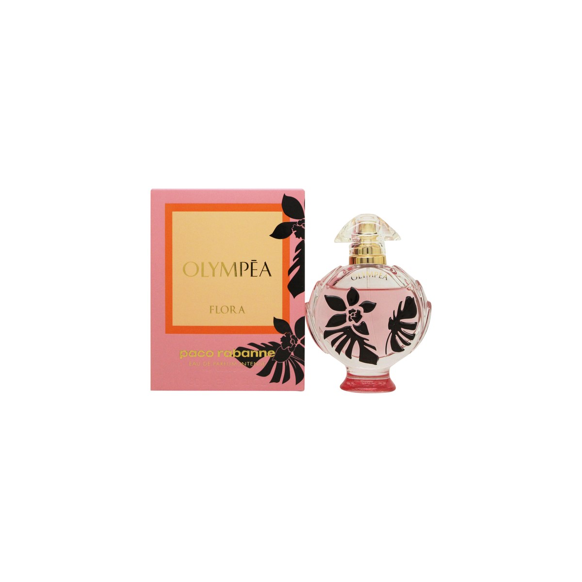 Paco Rabanne Olympéa Flora Eau de Parfum Intense 30 ml – rund rosa flakon med sort låg og blomsterdetaljer i glas