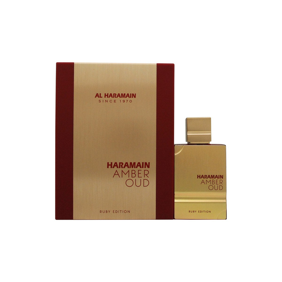 Amber Oud Ruby Edition Eau De Parfum, Al Haramain, 60 ml – rubinrød, firkantet flakon med facetslebne sider og gyldent låg