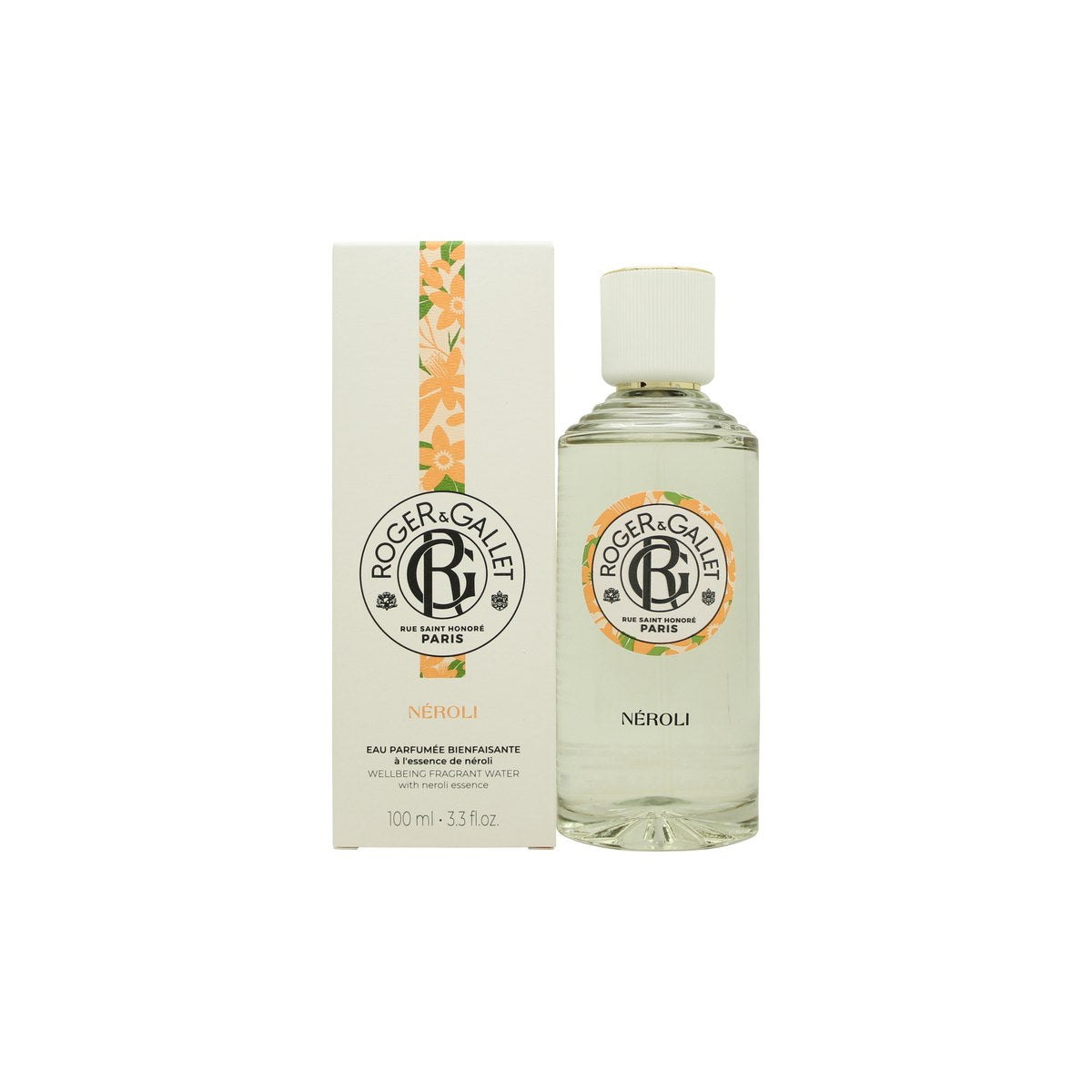 Roger & Gallet Néroli Wellbeing Perfumed Water 100 ml, Roger & Gallet – klar glasflaske med gylden væske og rund etiket i varme toner