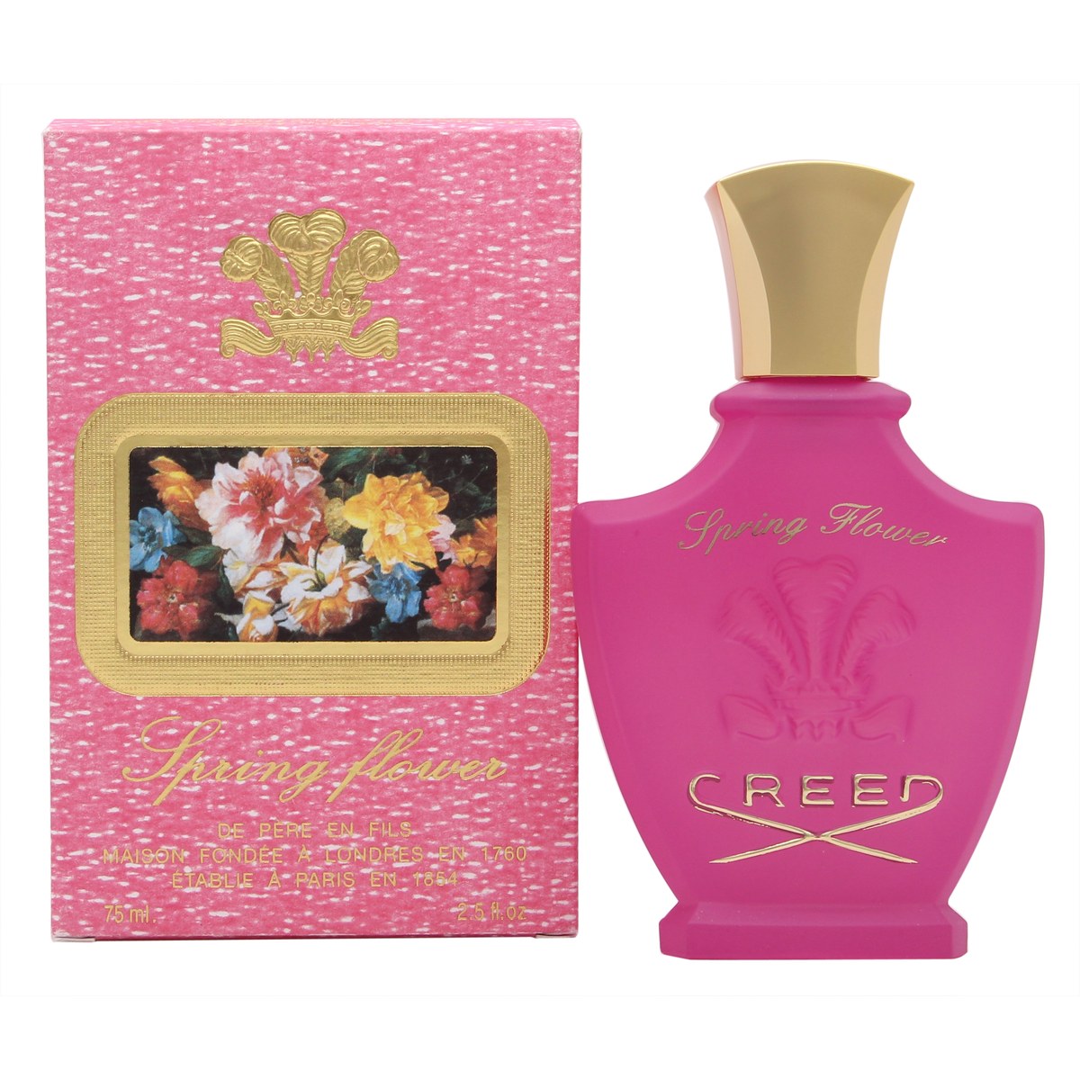 Creed Spring Flower Eau de Parfum 75 ml – blød rosa glasflakon med sølvfarvet låg og klassisk Creed-emblem på fronten