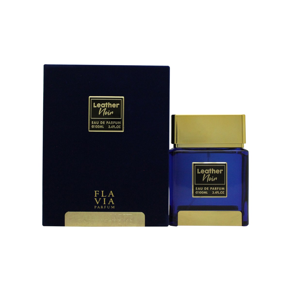 Flavia Leather Noir Eau de Parfum, Flavia, 100 ml – sort rektangulær flakon med guldfarvet låg og minimalistisk etiket