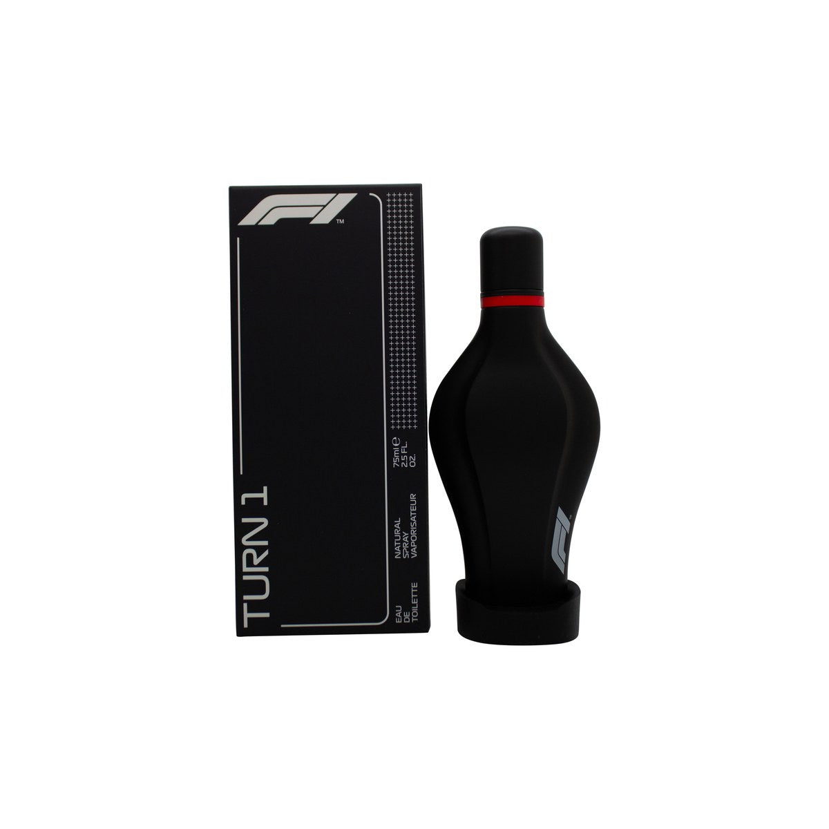 F1 Parfums Turn 1 Eau de Toilette 75 ml, rød og sort flakon med afrundet form og racer-inspireret låg