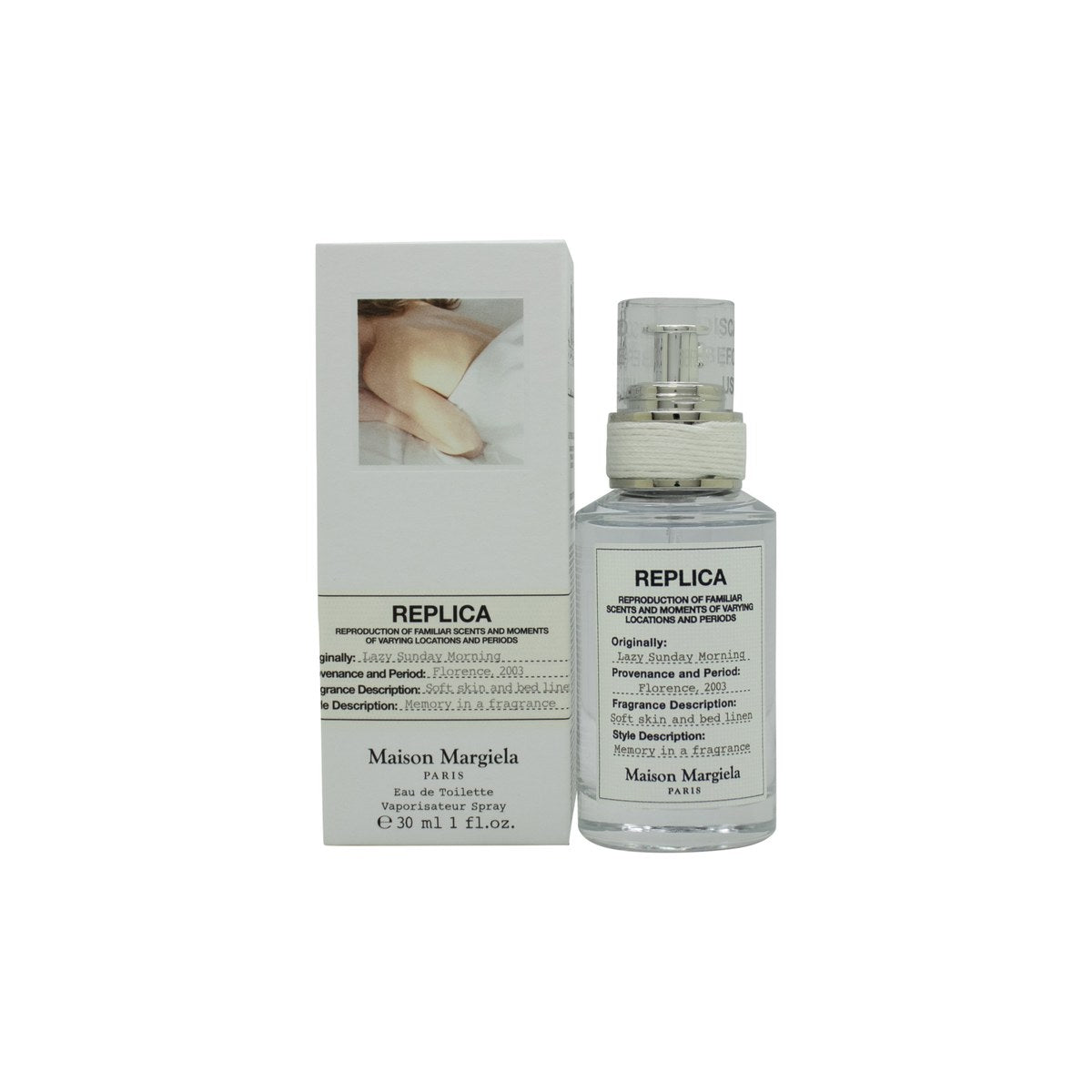 Maison Margiela Lazy Sunday Morning Eau de Toilette 30 ml – klar glasflakon med hvid label og sølvfarvet stofknot