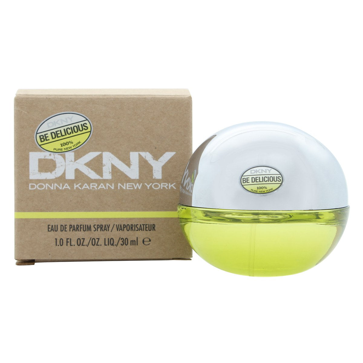 DKNY Be Delicious Eau de Parfum, DKNY, 30 ml – rund æbleformet flakon i klart glas med sølvfarvet låg