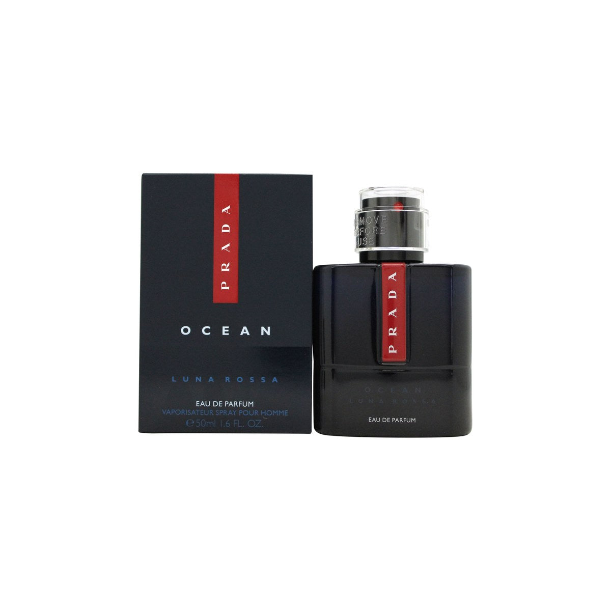 Prada Luna Rossa Ocean Eau de Parfum 50 ml – mørkeblå, rektangulær flakon med sort hætte og rød detalje