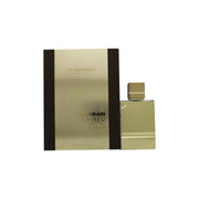 Amber Oud Gold Edition Eau De Parfum Al Haramain 60 ml, klar firkantet flaske med gylden væske, sort etiket og gyldent låg