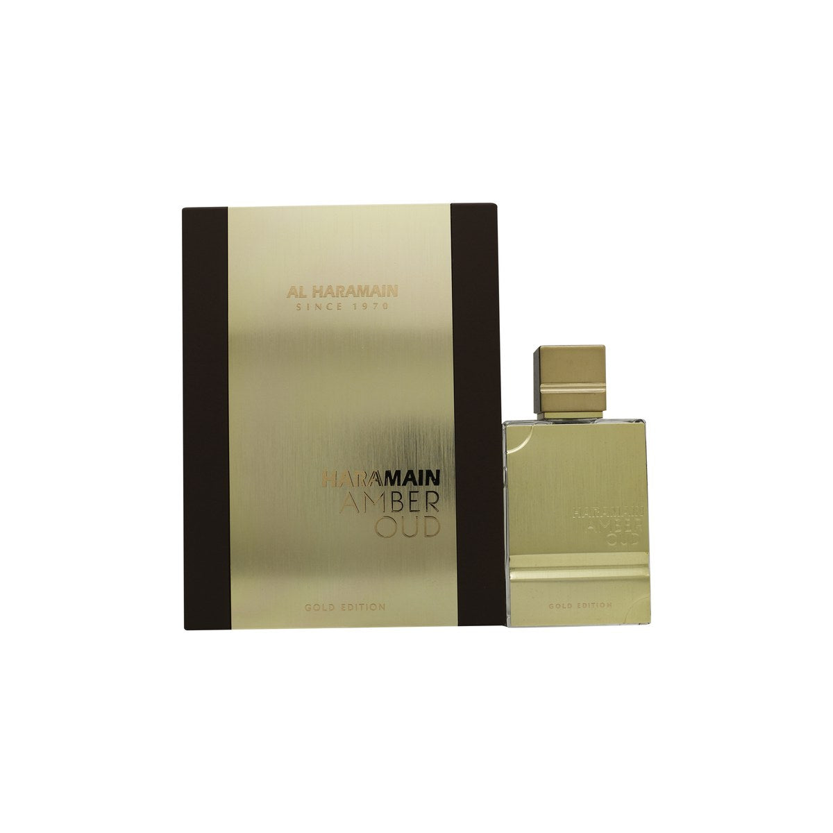 Amber Oud Gold Edition Eau De Parfum Al Haramain 60 ml, klar firkantet flaske med gylden væske, sort etiket og gyldent låg
