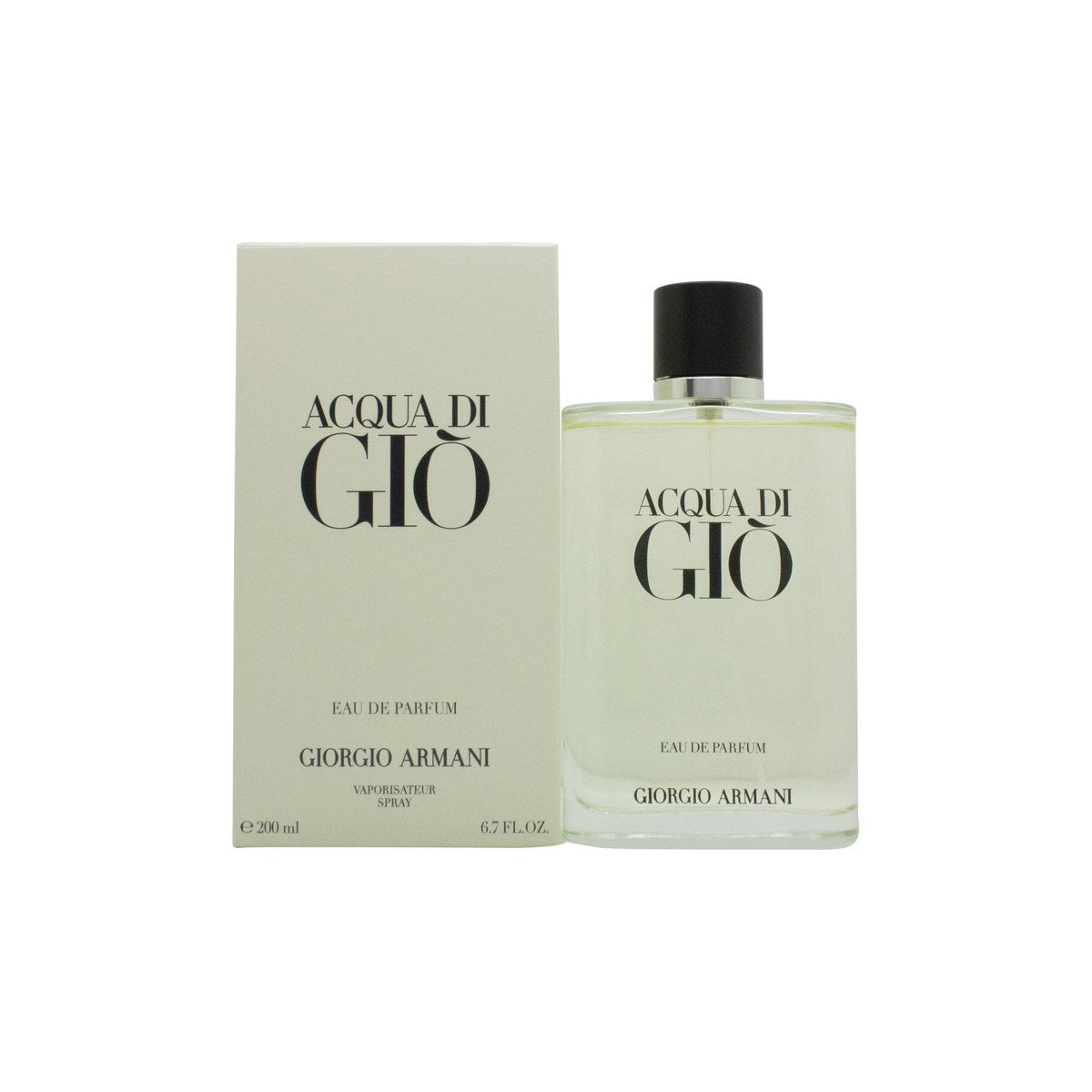 Giorgio Armani Acqua Di Gio Eau de Parfum 200 ml – frostet glasflaske med blå bund og sort låg i minimalistisk design