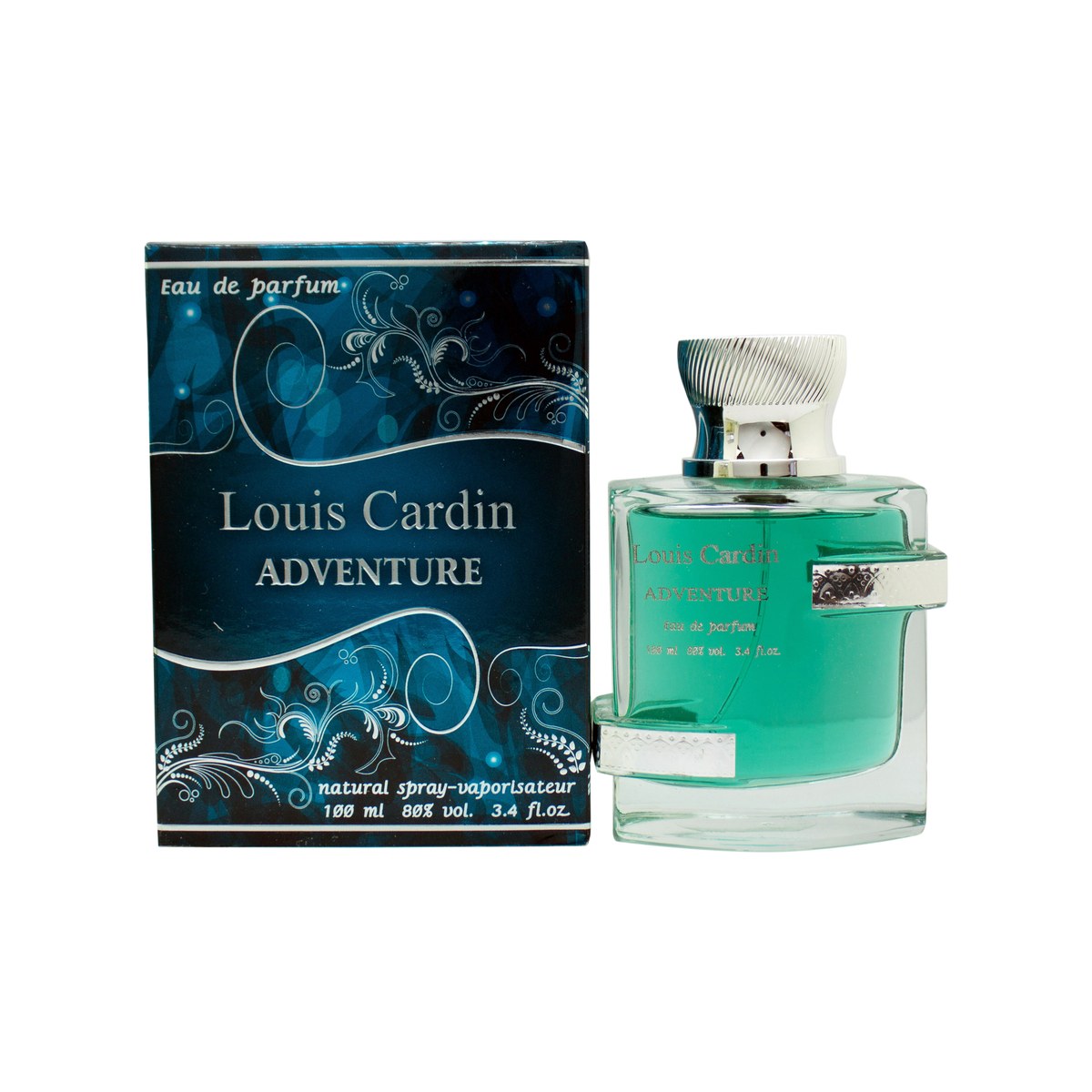 Louis Cardin Adventure Eau de Parfum 100 ml – mørkeblå rektangulær glasflaske med sølvfarvet låg og diskret logo.