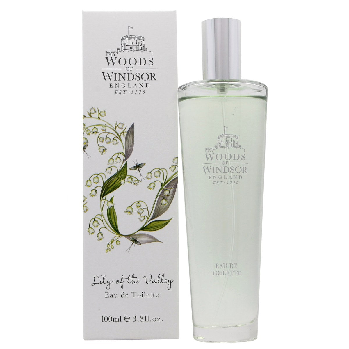 Woods of Windsor Lily of the Valley Eau de Toilette 100 ml, Woods of Windsor – klar glasflaske med sølvlåg