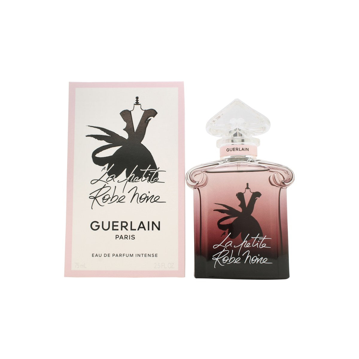 Guerlain La Petite Robe Noire Eau de Parfum Intense, Guerlain, 75 ml – blå-rosa gradientflakon med sort kjolemotiv og hjerteformet låg
