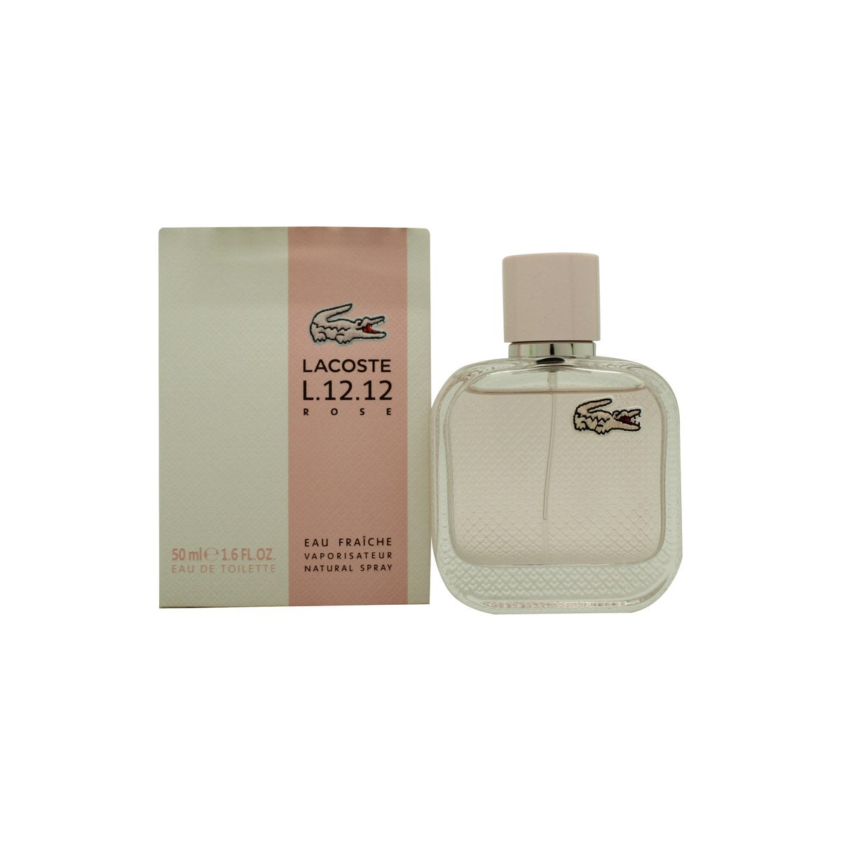 Lacoste L.12.12 Pour Elle Eau Fraiche Rose Eau de Toilette 50 ml, lyserød cylindrisk flakon med sølvlogo og enkelt låg.