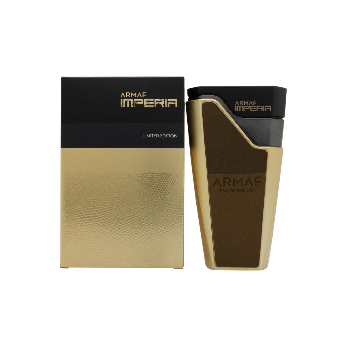 Armaf Eternia Imperia Eau De Parfum 80 ml fra Armaf, mørkeblå rektangulær flakon med guldkant og sort låg.