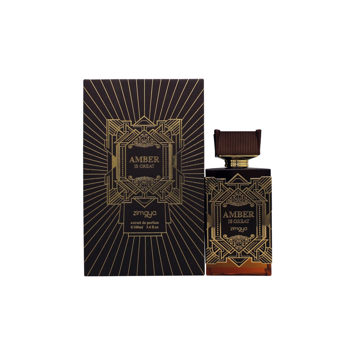 Zimaya Amber Is Great Extrait de Parfum, Zimaya, 100 ml – ravfarvet firkantet flakon med guldfarvet låg og enkel etiket.
