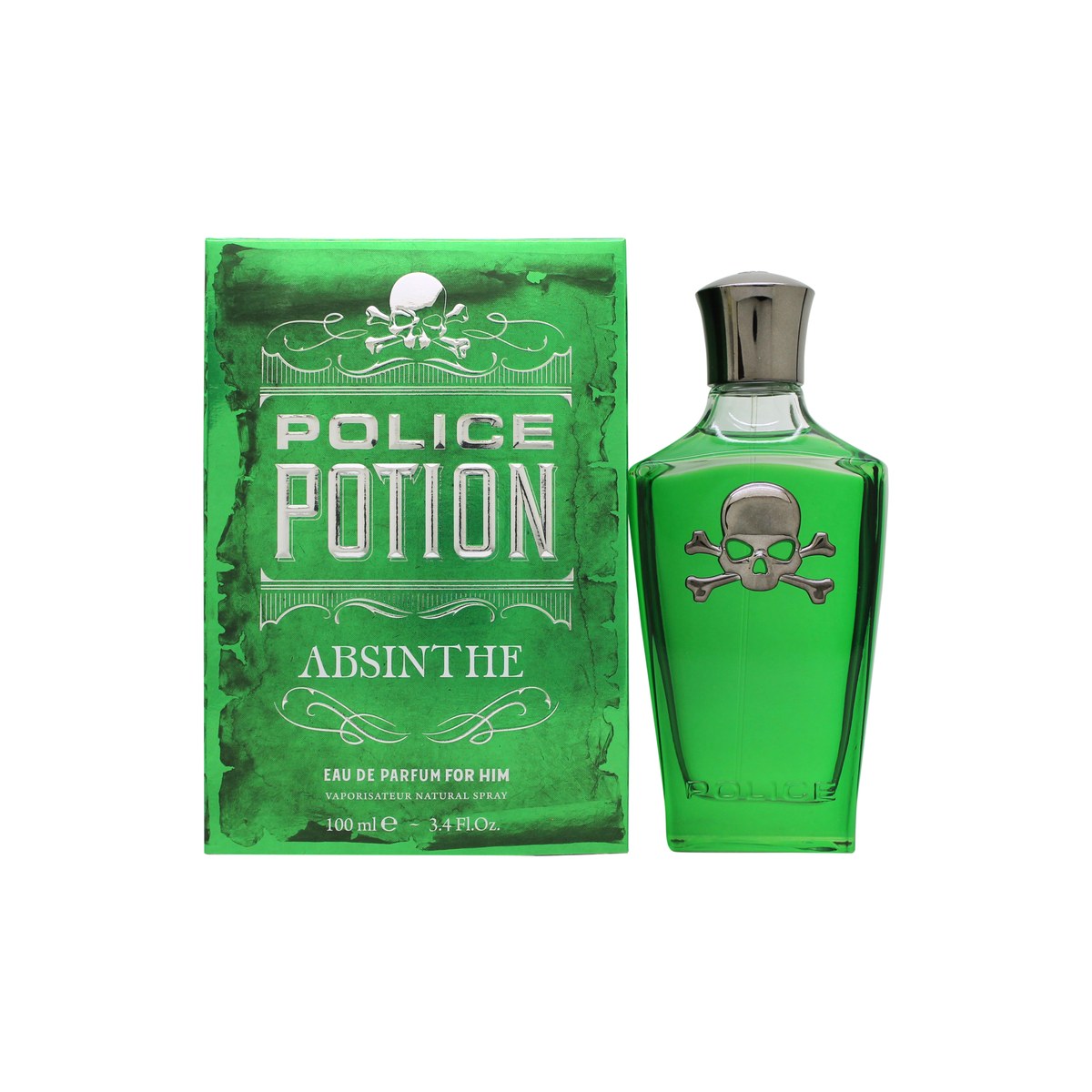 Police Potion Absinthe For Him Eau de Parfum 100ml Police 100 ml grøn kranieformet glasflaske med gulddetaljer og sort låg