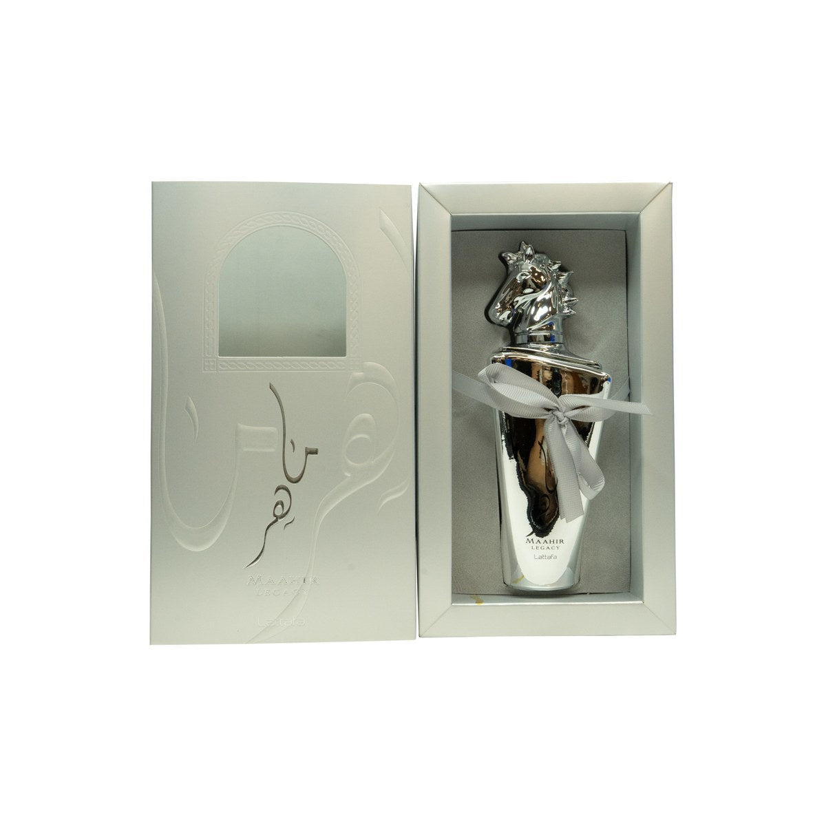 Lattafa Maahir Legacy Eau de Parfum 100 ml fra Lattafa – sølvfarvet flakon med hestehoved-låg og cylindrisk design