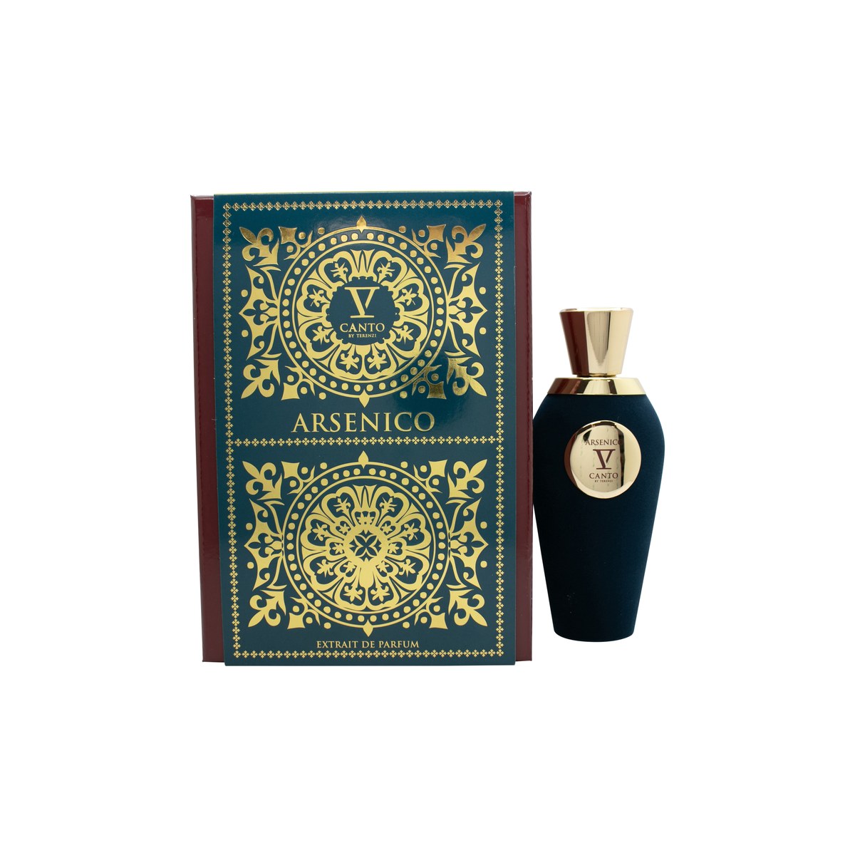 V Canto Arsenico Extrait de Parfum 100 ml, sort firkantet flakon med gyldent låg og detaljeret våbenskjold.
