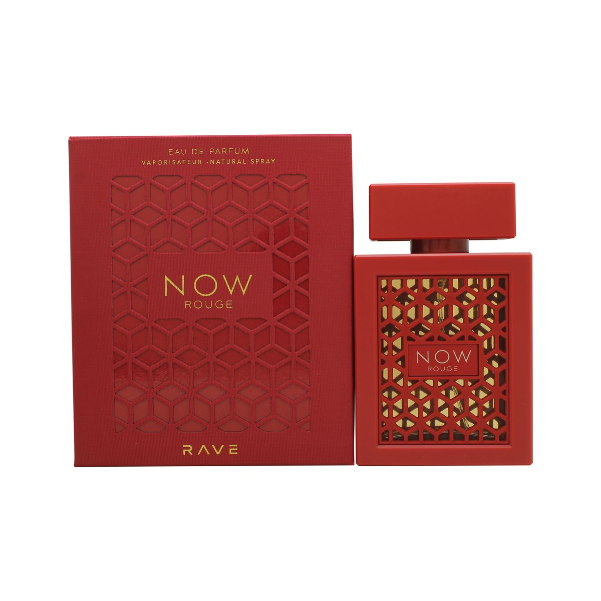 Rave Now Rouge Eau de Parfum 100ml Rave 100 ml i rød rektangulær glasflaske med guldlåg og elegant frontlogo