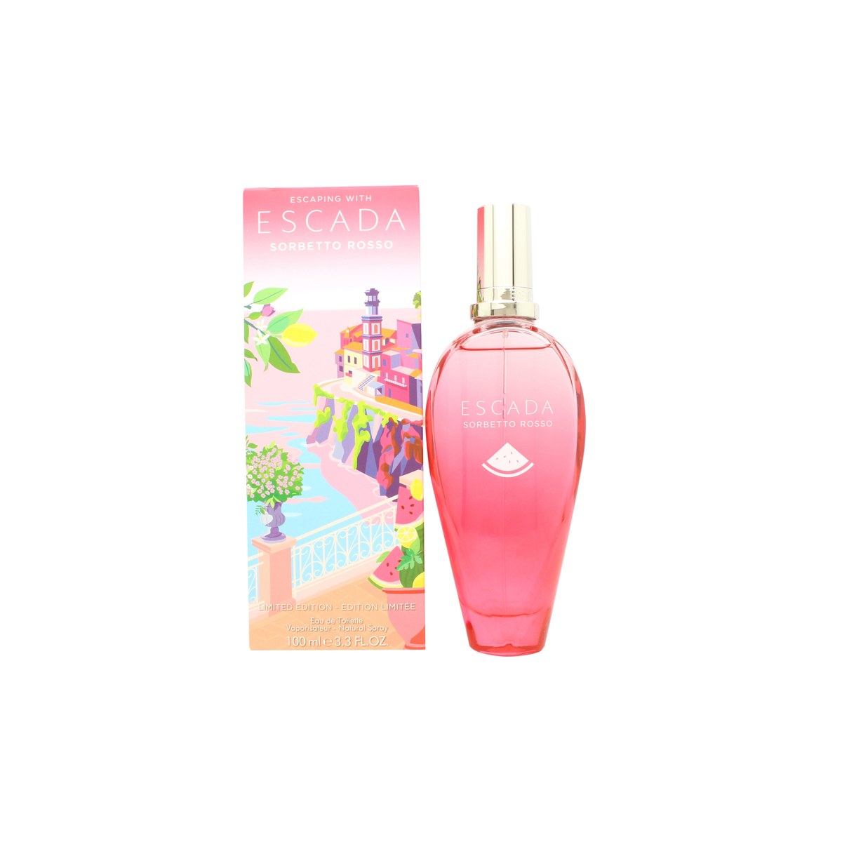 Escada Sorbetto Rosso Eau de Toilette 100 ml - Limited Edition fra Escada – rødrosa buet glasflaske med pink låg