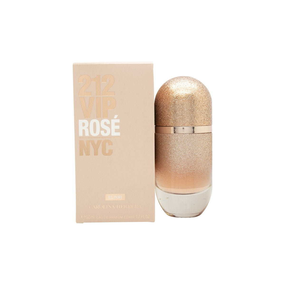 212 Vip Rosé Elixir Eau De Parfum, Carolina Herrera, 50 ml – pink glitter-gradient flaske med afrundet form og design