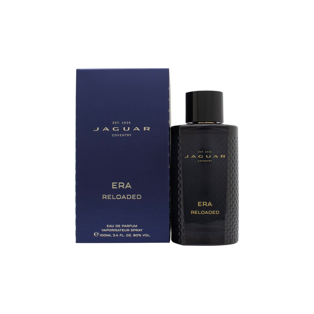 Jaguar Era Reloaded Eau de Parfum 100ml, Jaguar, 100 ml – sort glasflakon med kantet form og sølvlogo.