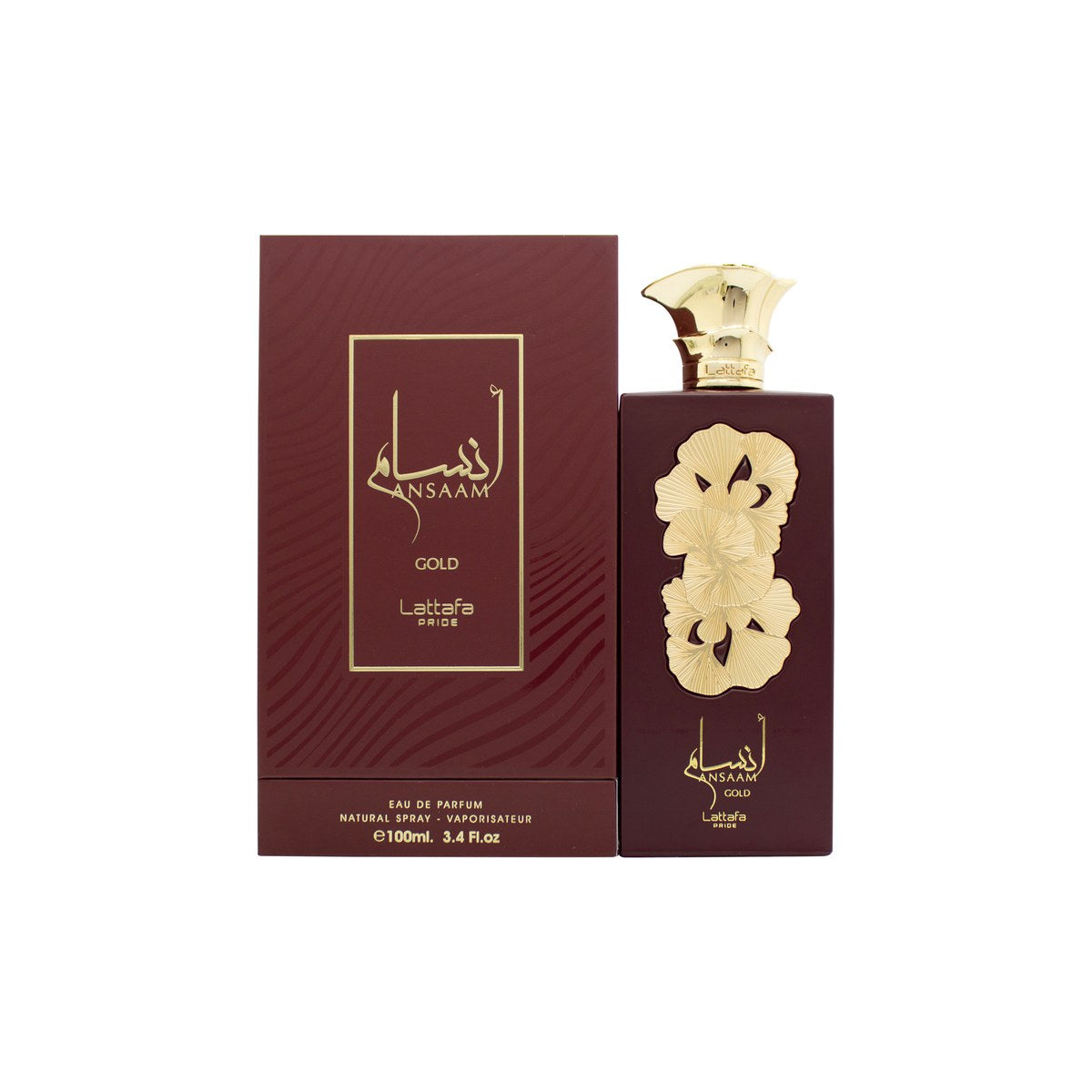 Lattafa Ansaam Gold Eau de Parfum 100 ml fra Lattafa – gylden, firkantet flakon med elegant låg og glasdetaljer