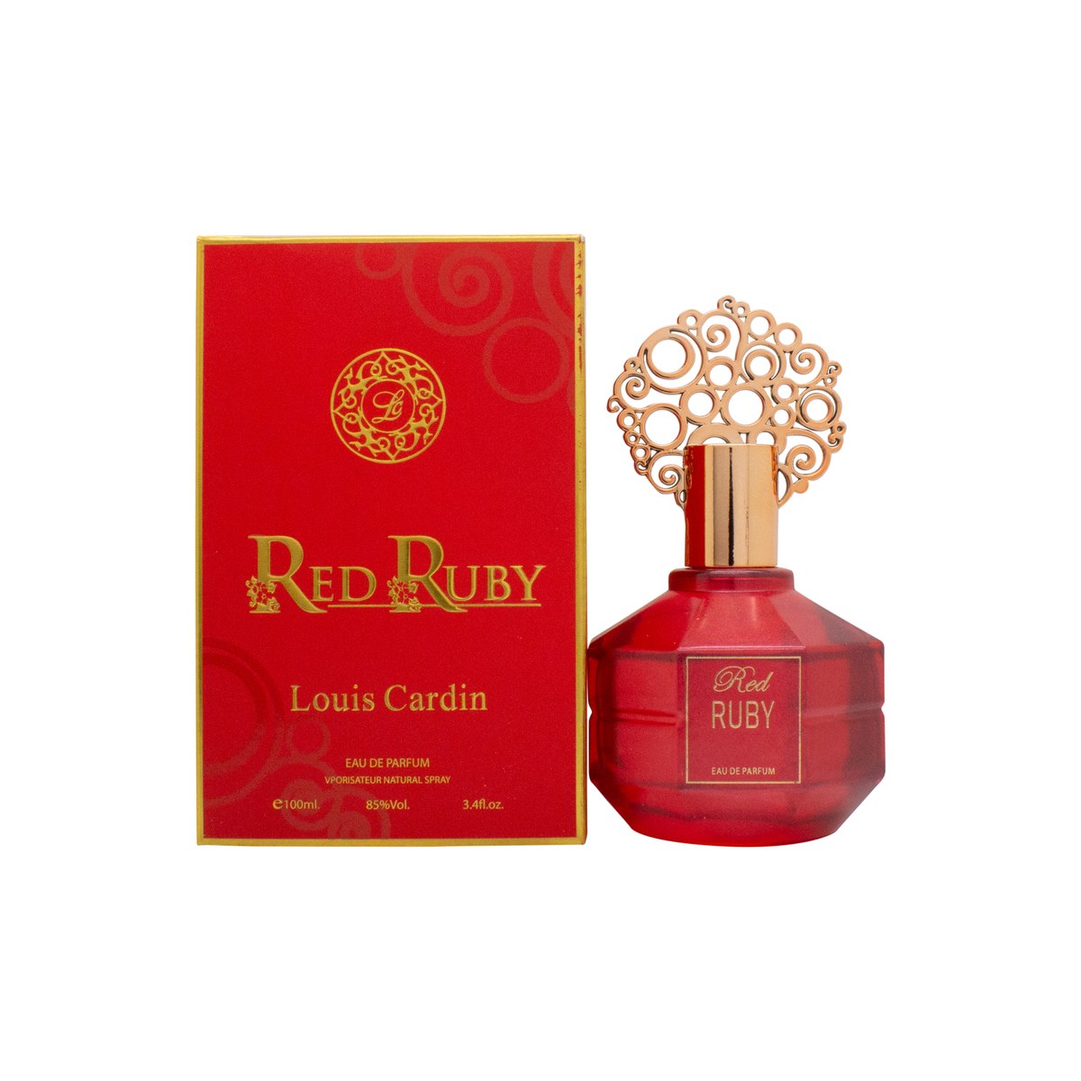 Louis Cardin Red Ruby Eau de Parfum 100 ml – dybrød, firkantet glasflaske med gyldent låg og elegante detaljer