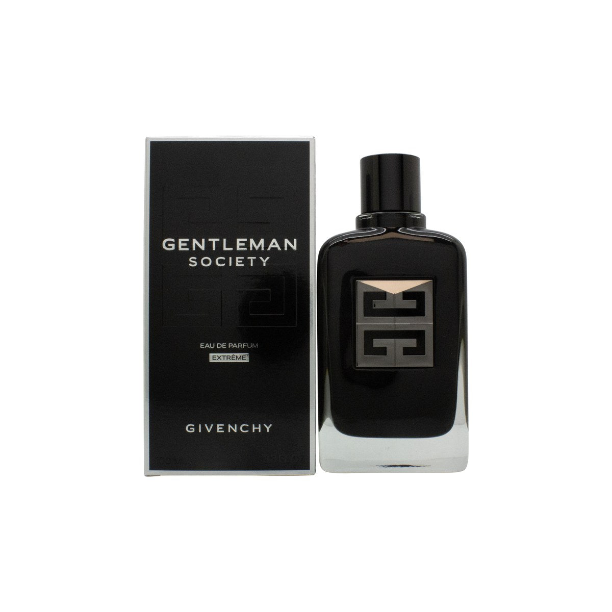 Givenchy Gentleman Society Eau de Parfum Extrême, Givenchy, 100 ml – sort lakflakon med sølvlogo og dyb blank finish.