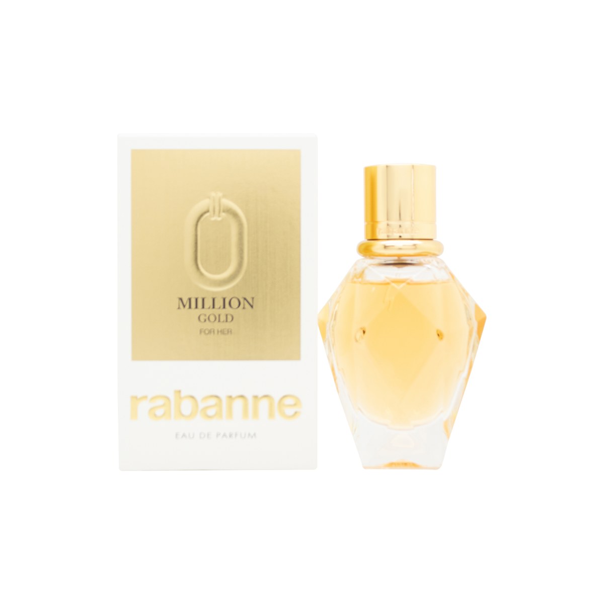 Million Gold For Her Parfum Eau De Parfum, Rabanne, 30 ml gylden facetformet flakon i klart glas med varme gulddetaljer