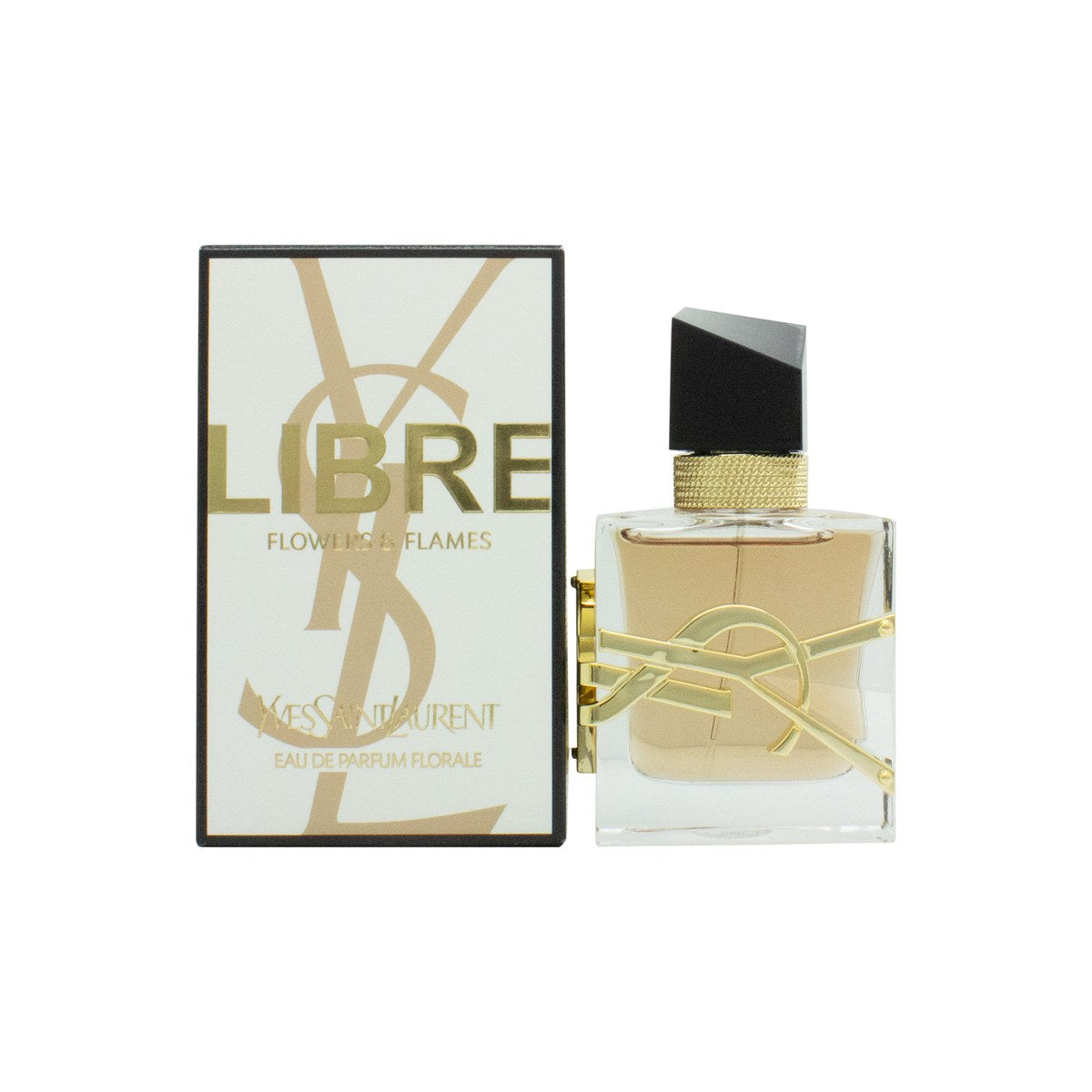 Yves Saint Laurent Libre Flowers & Flames Eau de Parfum Florale 30 ml i gylden flakon med sort låg og YSL-logo i metal.