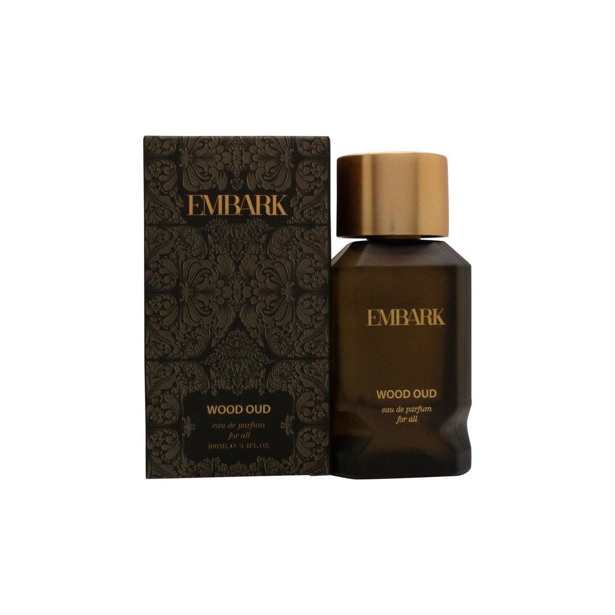 Embark Wood Oud Eau de Parfum 100ml fra Embark – mørk, firkantet glasflaske med sort låg og gyldne detaljer
