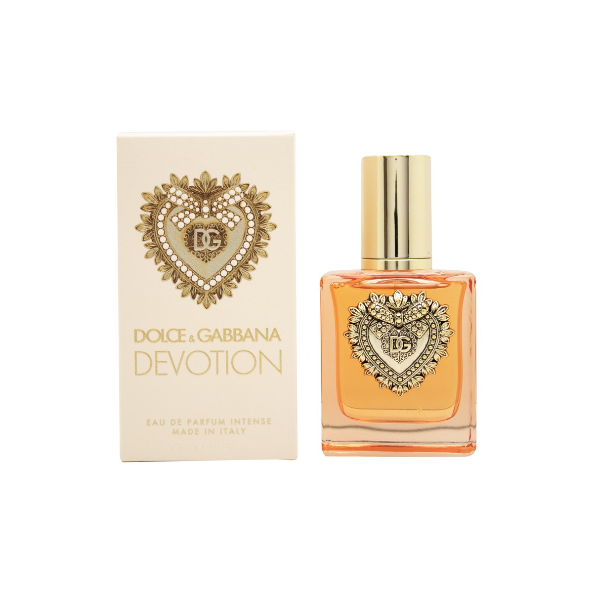 Dolce & Gabbana Devotion Intense Eau de Parfum 50 ml – ravgylden flakon med blank guld Sacred Heart-emblem og sort korkprop