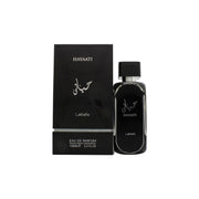 Lattafa Hayaati Eau de Parfum 100ml, Lattafa 100 ml – mørk marineblå flakon med sølvhætte og geometrisk mønster