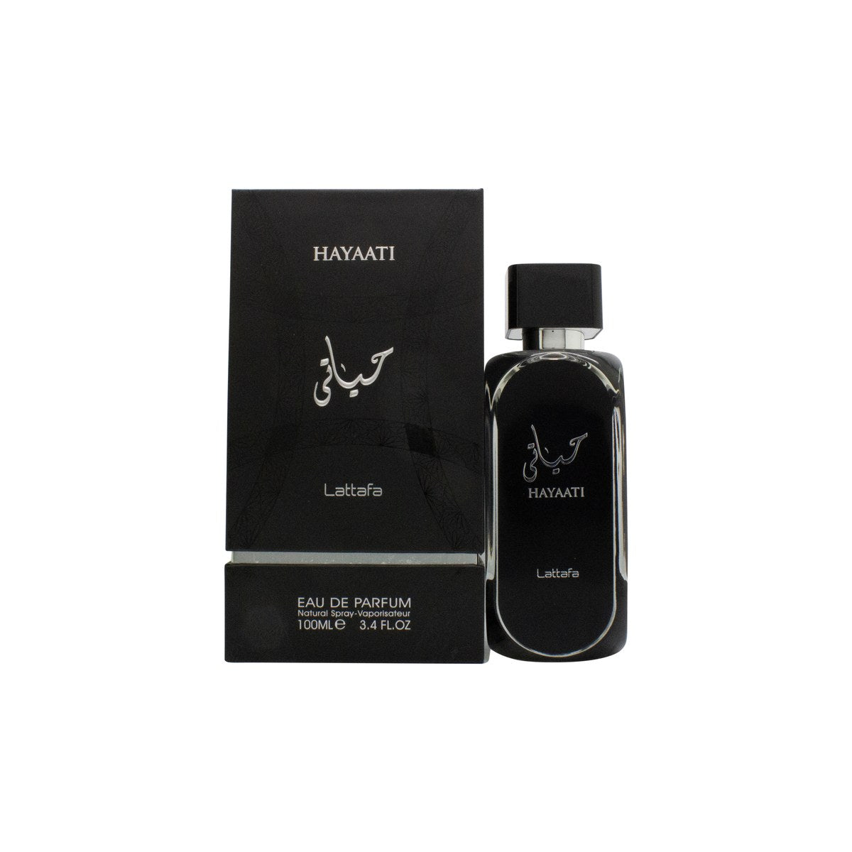 Lattafa Hayaati Eau de Parfum 100ml, Lattafa 100 ml – mørk marineblå flakon med sølvhætte og geometrisk mønster
