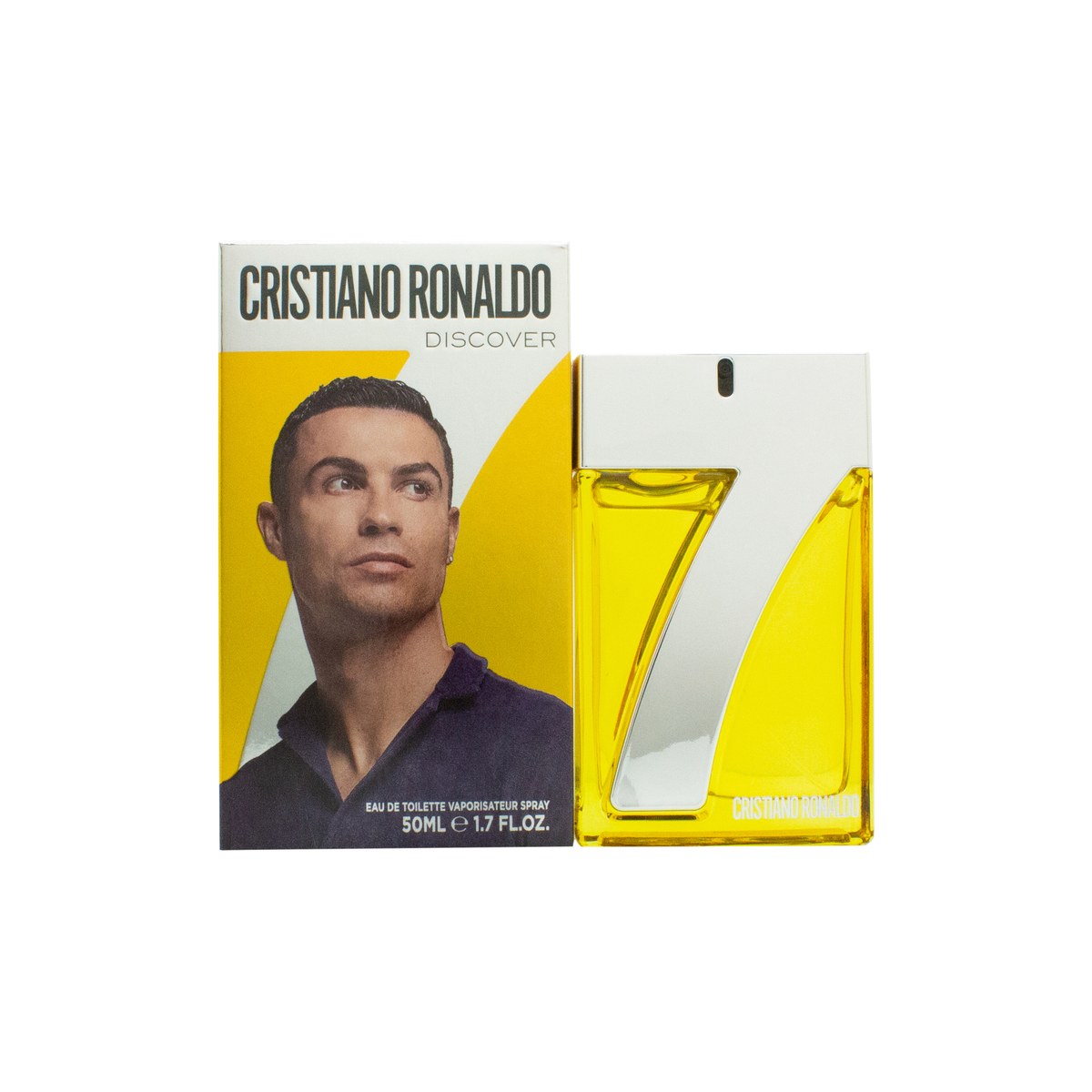 Cristiano Ronaldo CR7 Discover Eau de Toilette 50 ml, blå firkantet glasflaske med sølvfarvet CR7-logo og matchende låg